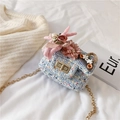 Blue and white tweed girl's crossbody bag with pink plush bunny and gold chain strap - Blue Rabbit
