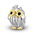 S925 Silber Eule Charm mit goldenen Sonnenblumen und schwarzen Zirkonia für Armbänder - Eule Sonnenblume Stil (PC1386) / 925 Sterlingsilber