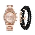 Roségouden Genève kwartshorloge met strass-bezel en zwarte kralenarmband met kroon - Roségoud + Roségouden Kroon Armband