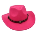 Macro shot of hot pink wool cowboy hat featuring a leather band with metal concho buckle - Rose Red (with Decorative Band)