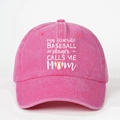 Pink washed denim baseball cap with My Favorite Baseball Player Calls Me Mom print - One Size / Rose Red