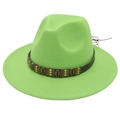 Detail of vibrant green felt fedora hat featuring a vintage leather band with metal shells - Fruit Green