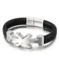 Men's nautical black braided leather bracelet with silver anchor magnetic clasp - 19cm / Steel Color (KB138738-KFC)