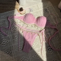 Pink ribbed bikini detail with crochet lace trim and decorative seashell starfish charms - Pink