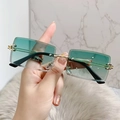 Chic rimless rectangular sunglasses with green gradient lenses and gold glitter temples - Gold Frame Double Green Lens