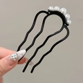 Épingle à cheveux noire en U ornée de cinq perles blanches et finition élégante - Vague à 5 Perles Noire (122#)