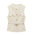 Detailed texture of beige tweed vest with gold buttons and matching waist belt - Apricot