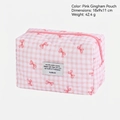 Pink gingham quilted makeup bag with red bow pattern and top zipper, size 18x9x11cm - Pink Pillow Bag