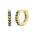 Detail of gold huggie hoop earrings featuring multi-colored cubic zirconia stones - Gold - Multicolor Zirconia