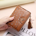 Short brown wallet for women with floral pattern, butterfly buckle and leather tassel - Camel