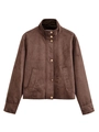 Detail of dark brown suede jacket featuring stand collar and gold metal buttons - XS / Brown