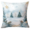 Blue Christmas pillow cover with snowy pine trees, golden cones and snowflakes print - Pinecones In Snow Forest