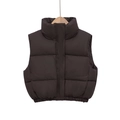 Women's dark brown stand collar padded puffer vest with quilted texture on wooden hanger - XS / Coffee