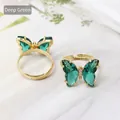 Adjustable golden open ring with dark green crystal butterfly wings and white rhinestones - Dark Green