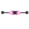 Industrial barbell piercing with black steel bar featuring pink skull and hearts - Black Rod Pink Skull Heart