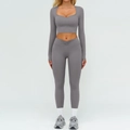 Completo yoga da donna in due pezzi con top grigio a maniche lunghe e leggings a V - Taglia S / Top E Pantaloni / Manica Lunga + Leggings / Grigio Scuro