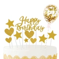 Golden glitter Happy Birthday topper set with sequin balloon and stars on white cake - Gold Set 02