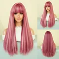 Long straight hair wig in pink blonde with highlights and neat bangs, multi-angle view - 68CM / Pink White Highlights
