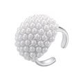 Macro shot of elegant round white imitation pearls set on an adjustable silver metal ring - Platinum Color Oval
