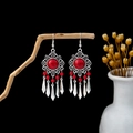 Bohemian retro silver drop earrings with red beads and metal cone tassels on wood branch - Retro Silver + Red Spike (E5861-1/Red)