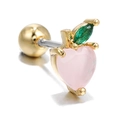 Pink peach shaped cartilage stud earring with green leaf and golden screw ball back - Peach (EGD0005)