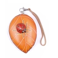 Handcrafted leaf coin purse in bright orange leather with ladybug detail and wrist strap - Leaf Ladybug (Orange)