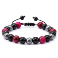 Adjustable 8mm beaded bracelet with pink tiger eye stone and black obsidian spheres - Pink Tiger Eye Obsidian Braided Style (款式-03)
