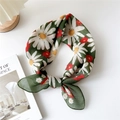 Dark green cotton linen square scarf with daisy floral print tied in a stylish knot - 8 Cotton - Chrysanthemum Green