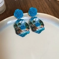 Elegant blue rose flower earrings with tropical beach landscape design on resin plates - Seaside Dolphin Scenery Style (Style 2) / Bright Blue