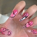 Pink ombre press-on nails with heart, dagger, and star patterns in long coffin shape - Pink Ombre Heart Dagger Style (JP1226)