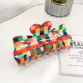 Retro multi-colored checkerboard hair claw clip with large resin spring grip - Large 11CM / Colorful Checkerboard