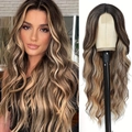 Long wavy lace wig in deep brown with light blonde highlights for a natural look - Black Blonde Platinum Ombre