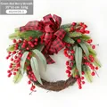 Christmas wreath with red berries, pine needles, and a red-black plaid bow on a vine ring - 35CM Bow Wreath