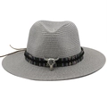Detail of grey straw fedora featuring an ethnic ribbon and a metal bull head ornament - M(56-58cm) / Gray