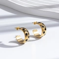 Polished gold C-shaped stainless steel hoop earrings with black star enamel patterns - Black Star Pattern Gold Hoops ER-813
