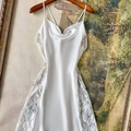 Elegant white satin nightgown with floral lace side panels and a cowl neckline - S / White