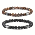 Bracelets en œil de tigre brun et pierre noire mate avec perles en métal argent - 6mm/Oeil de Tigre+Mat/Lot de 2