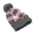 Pink and dark grey checkered knit beanie with a large fluffy pompom and C.C leather tag - With Label (C.C) / Grey Pink