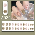 Detail of A524 press-on nails with marble gradient and pink floral art on grey-green base - Grey Green Pink Flower Smudge (A524)