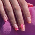 French tip press-on nails with pink and orange swirl patterns on nude base square shape - Pink Orange Wave French Style (JP1809)