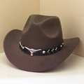Brown wool felt western cowboy hat featuring silver bull head metal and rivet band - M (56-58cm) / Coffee (Black Bull Head Band)