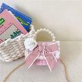 Pink tweed kids princess handbag with bow, camellia flower and pearl handle - Solid Bow Decor Pink