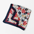 Silk-like square scarf featuring vibrant multi-color floral prints and deep blue borders - Navy Blue Red Floral