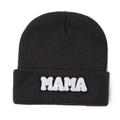 Close-up of the black knit beanie featuring white fuzzy MAMA letter embroidery - Dark Brown