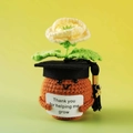 Handmade crochet positive potato doll with graduation cap and a thank you sign - Graduation Cap Corn Poppy