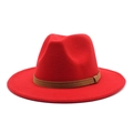 Detail view of red wool fedora hat with wide brim and brown faux leather buckle band - M (56-58cm) / Red
