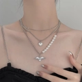 Collar de capas plateado con cadenas de perlas y colgante de corazón con alas - Estilo de Tres Capas Alas de Ángel (1128) / Plateado
