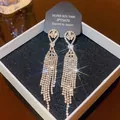 Exquisite S925 silver long tassel earrings with sparkling cubic zirconia on a gift card - E0334 Gold Silver Needle (Celebrity Long Tassel Gold)