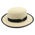 Summer boater straw hat for women with black ribbon bow and trim on white background - M(56-58cm) / Beige