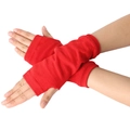 Close-up of vibrant red knitted fingerless gloves with thumb holes for kids cosplay - One Size / Red